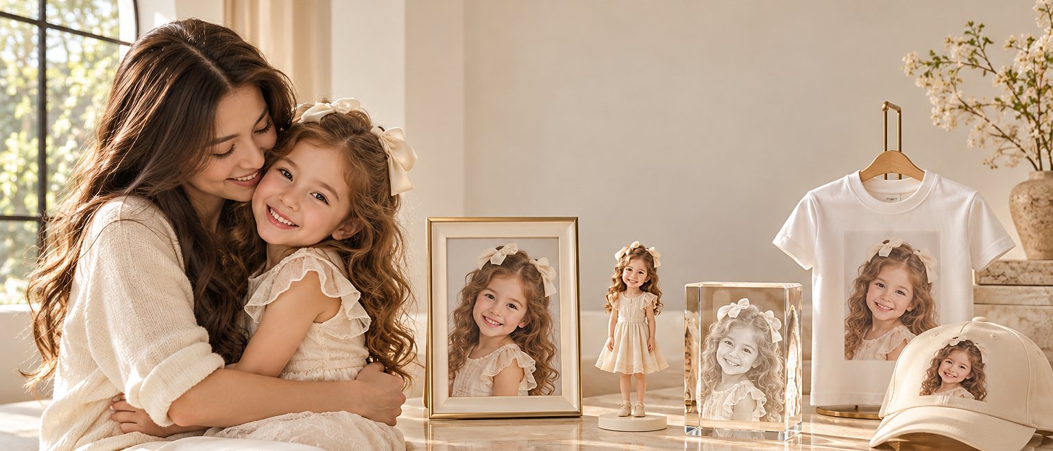A mother hugs her smiling daughter beside a row of keepsakes made from the girl's portrait: a framed print, a 3D-printed figurine, an engraved crystal, a printed T-shirt and a printed cap.