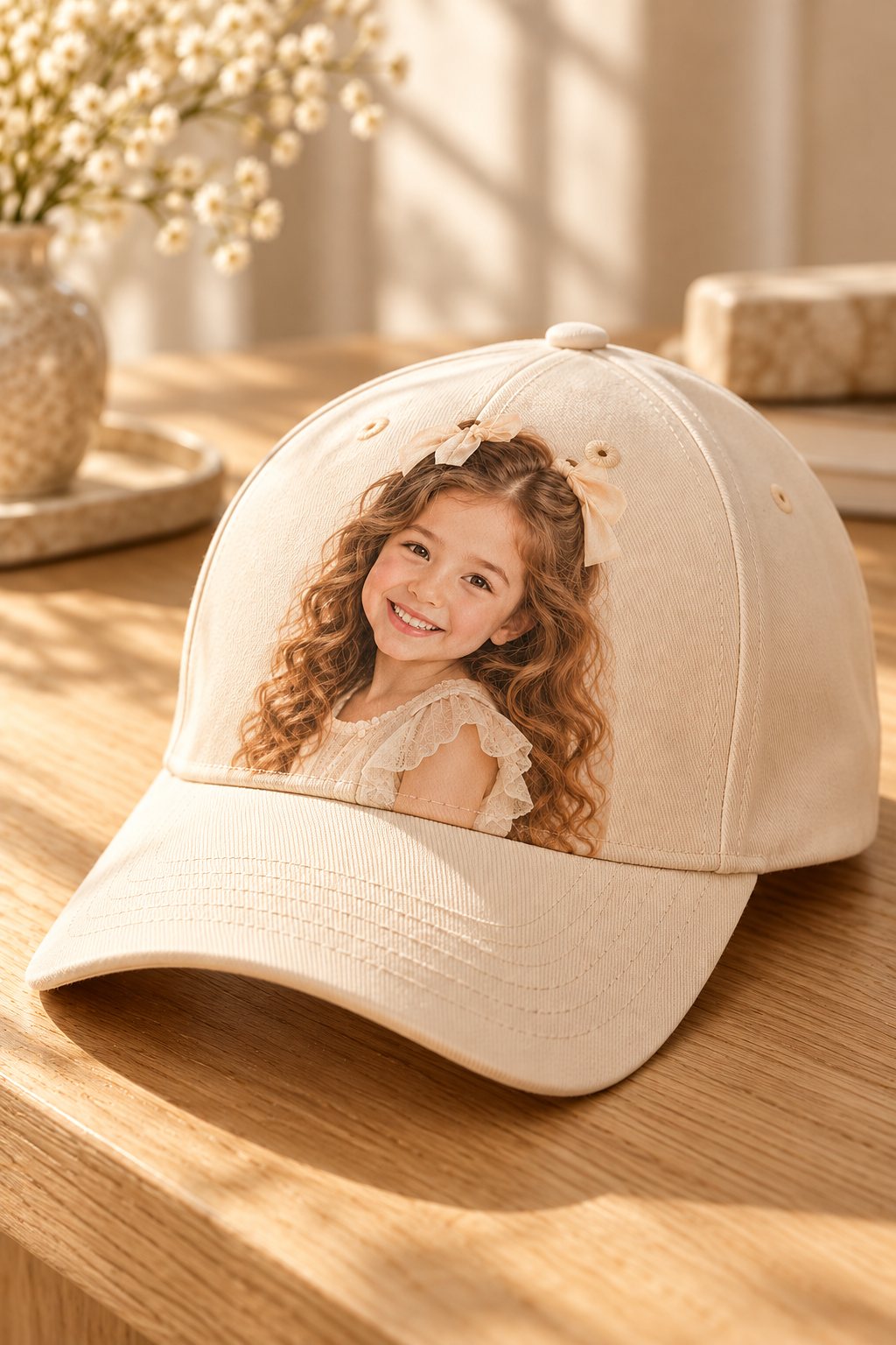 A cream cap printed with the girl's portrait