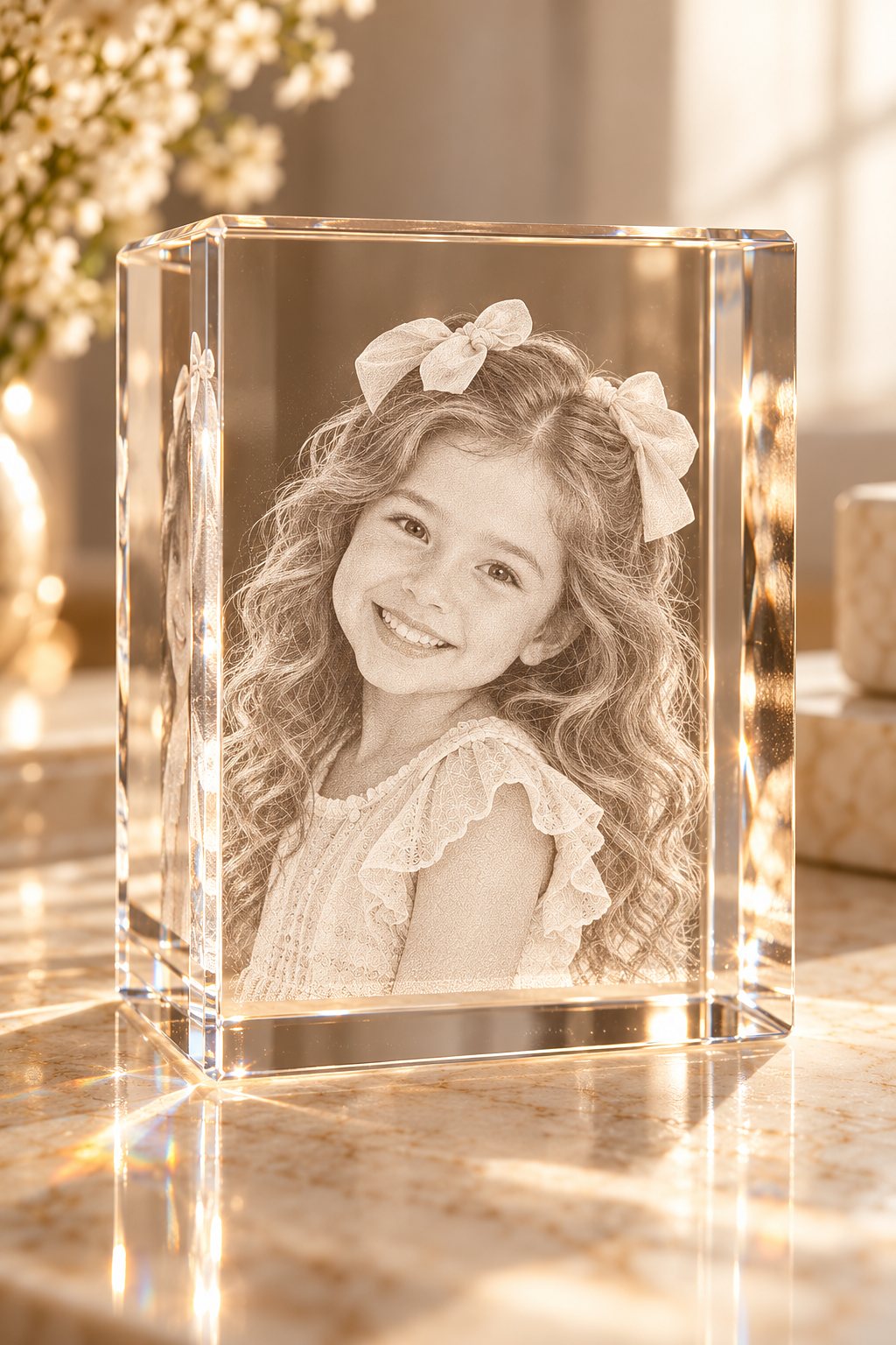 A clear crystal block with the girl's portrait engraved inside
