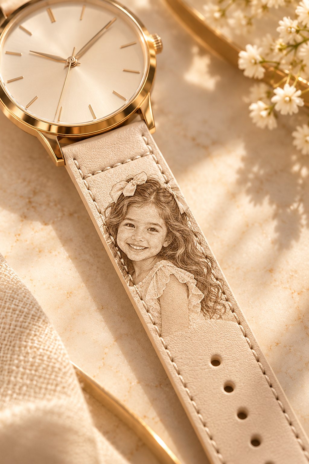 A cream watch strap with the girl's portrait engraved on it