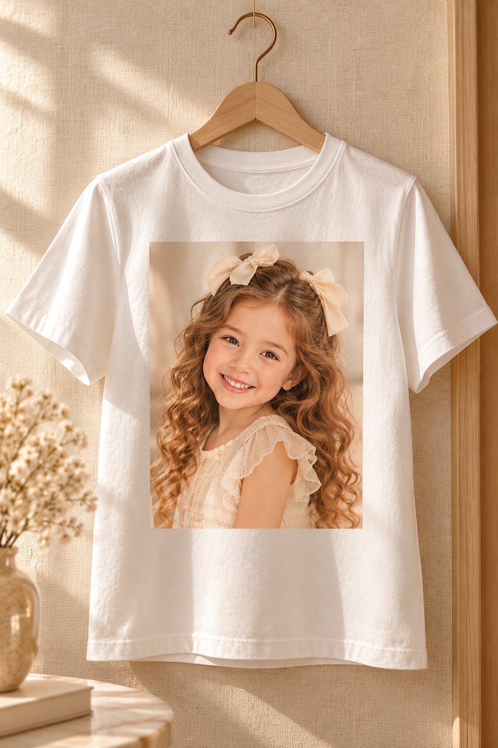 A white T-shirt printed with the girl's portrait